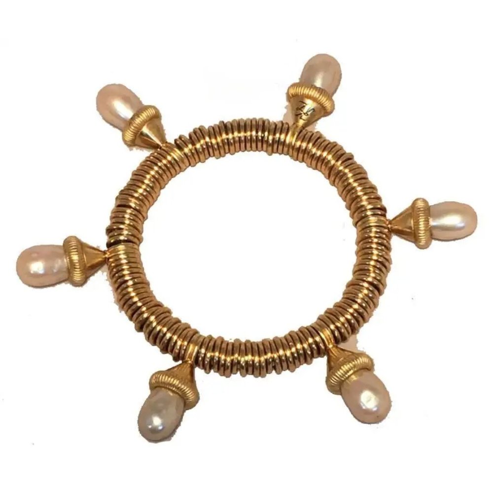 Vintage Kenneth Jay Lane Gold Wire Wrapped Pearl Drop Bangle Bracelet